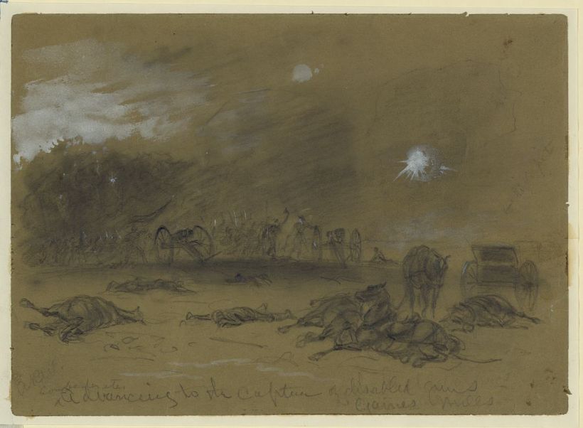 Confederates advancing to capture disabled guns - LOC